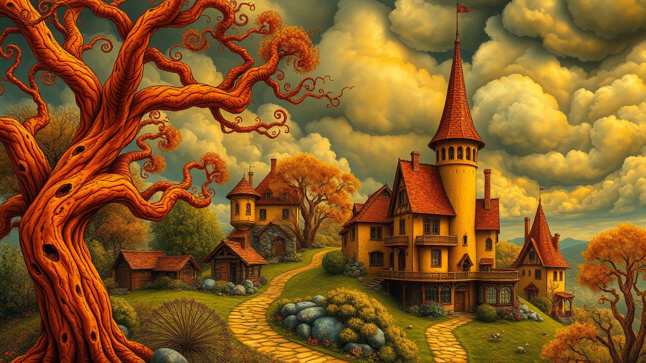 Whimsical Autumn Village with Twisted Trees and Castle Towers