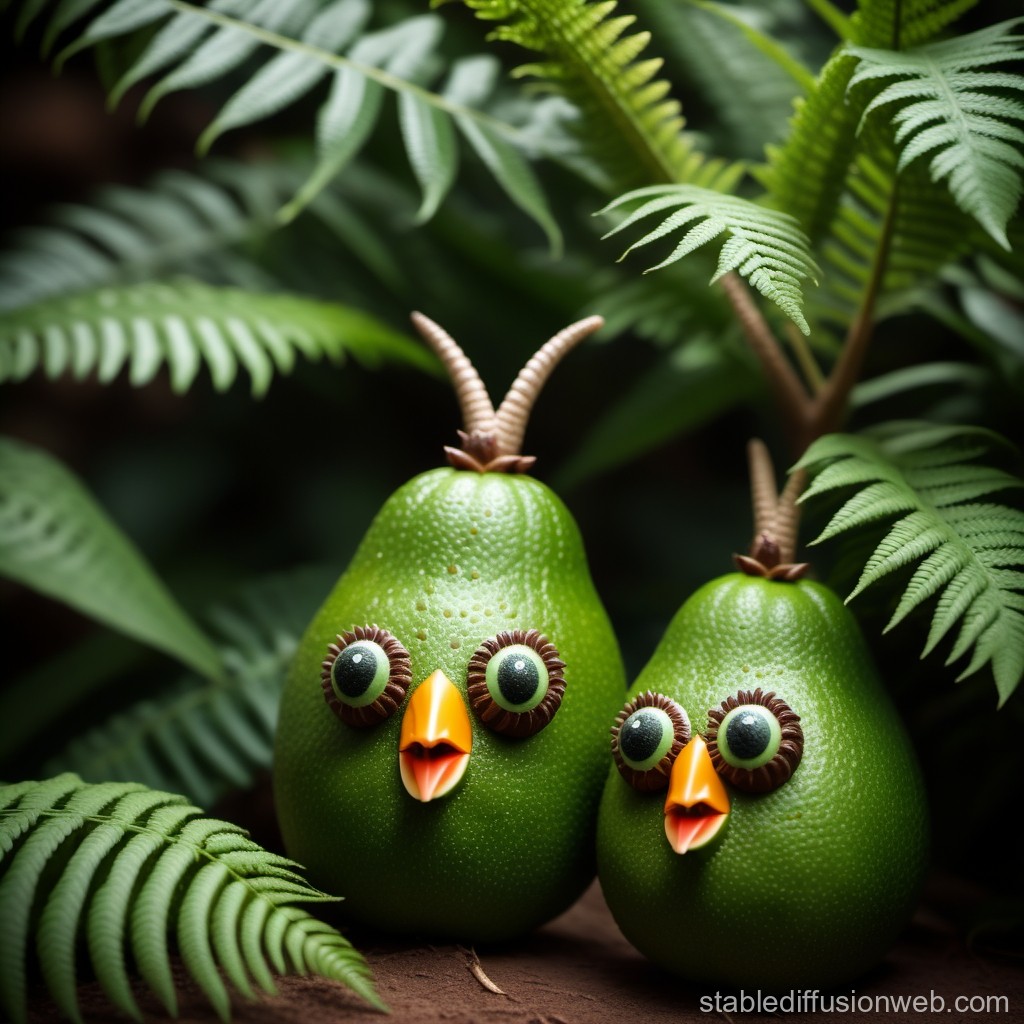 Whimsical Bird Creatures Made from Green Pears in Fern Forest