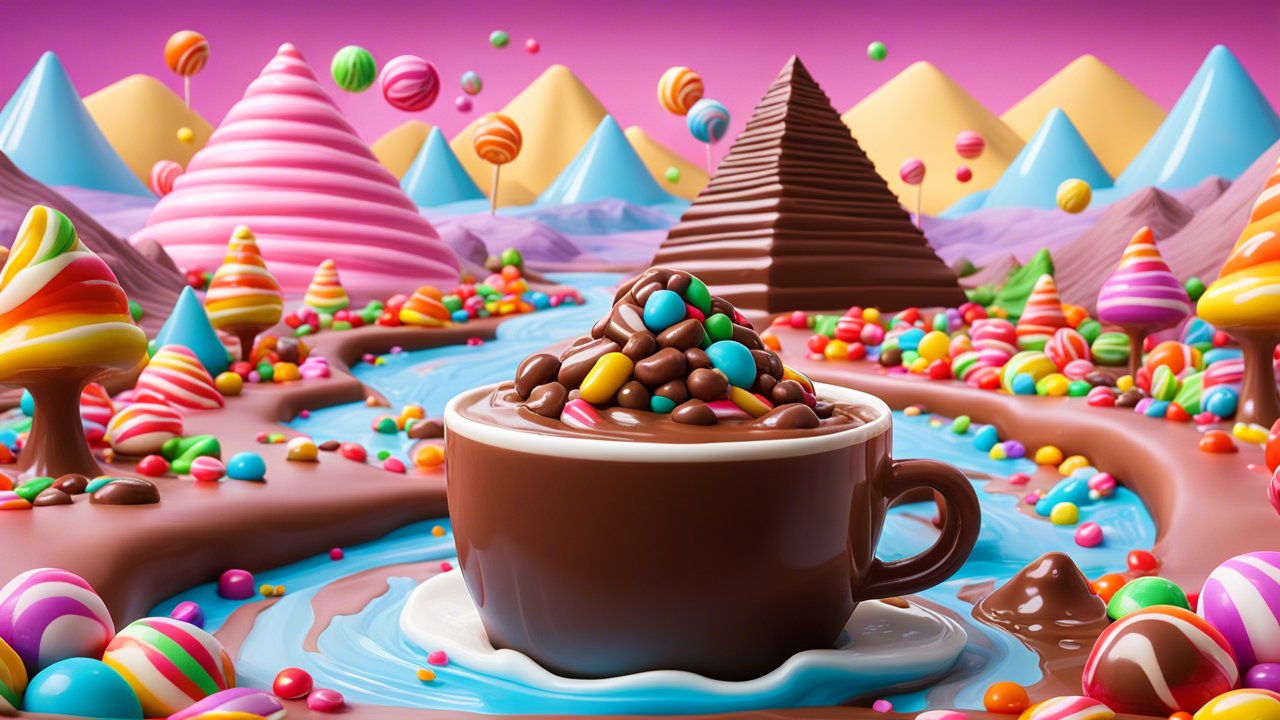 Whimsical Candy Land with Chocolate River and Sweet Mountains