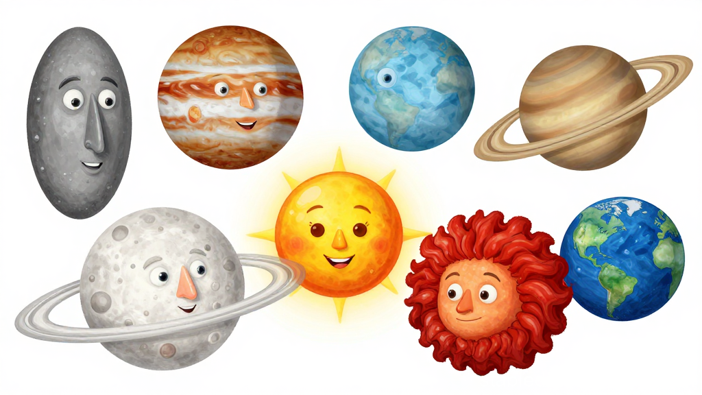 Whimsical Cartoon Solar System with Personified Planets and Sun