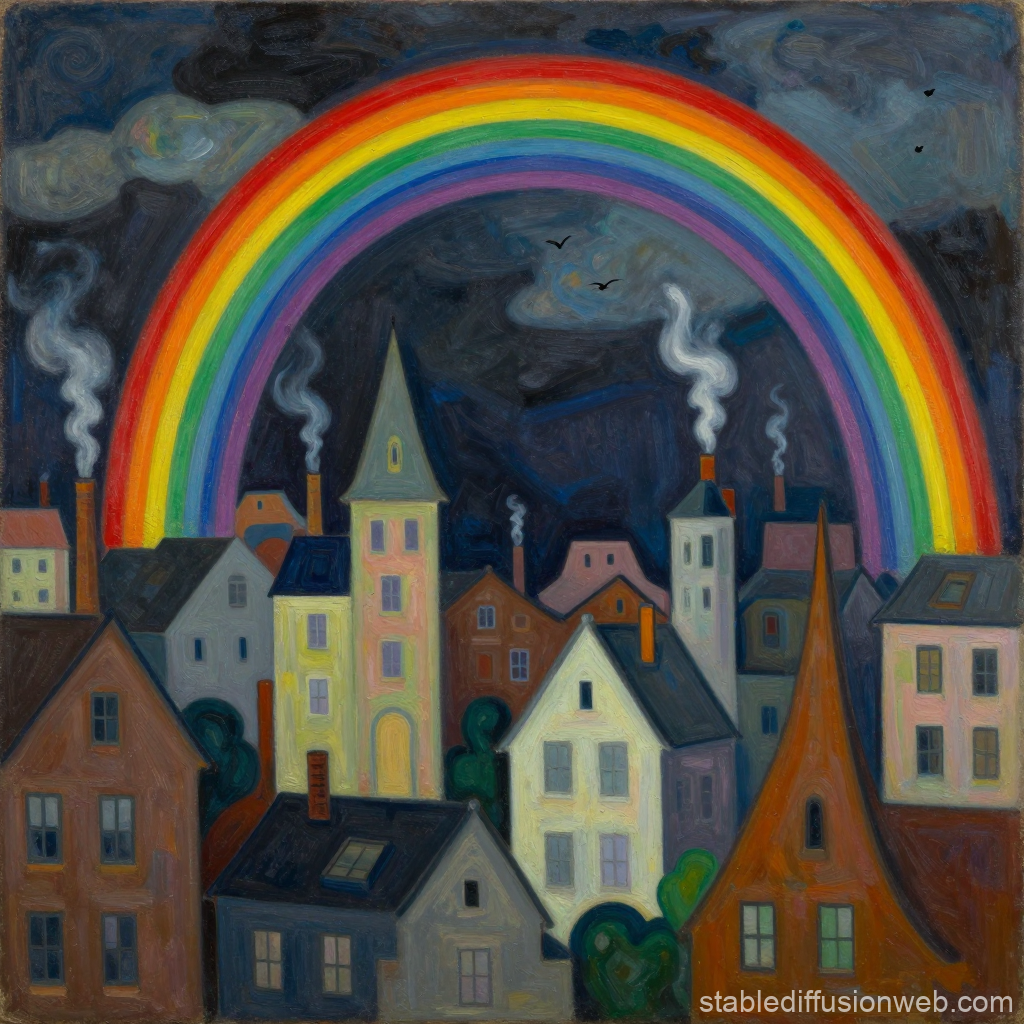 Whimsical Cityscape Under a Vibrant Rainbow