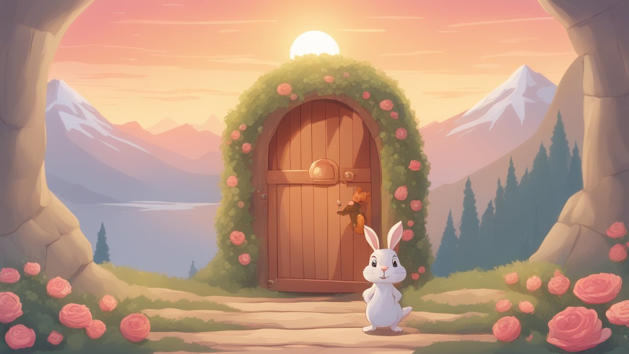 Whimsical Doorway in a Magical Garden at Sunset