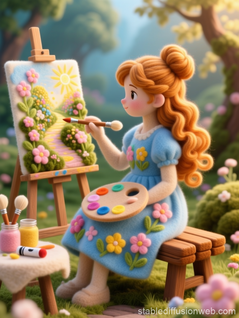 Whimsical Felt Artist Painting a Dreamy Garden Scene