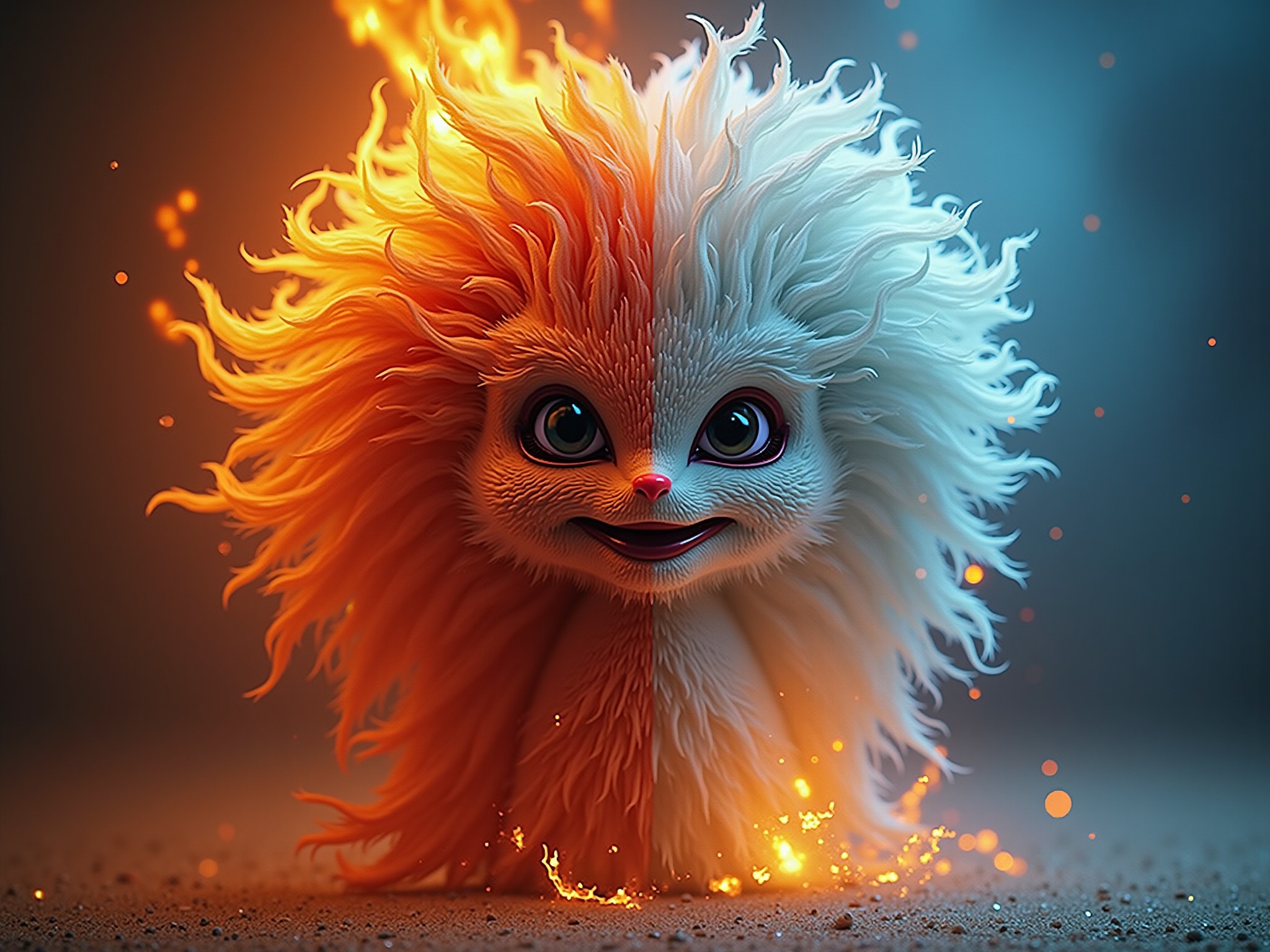 Whimsical Fire and Ice Creature with Fluffy Fur
