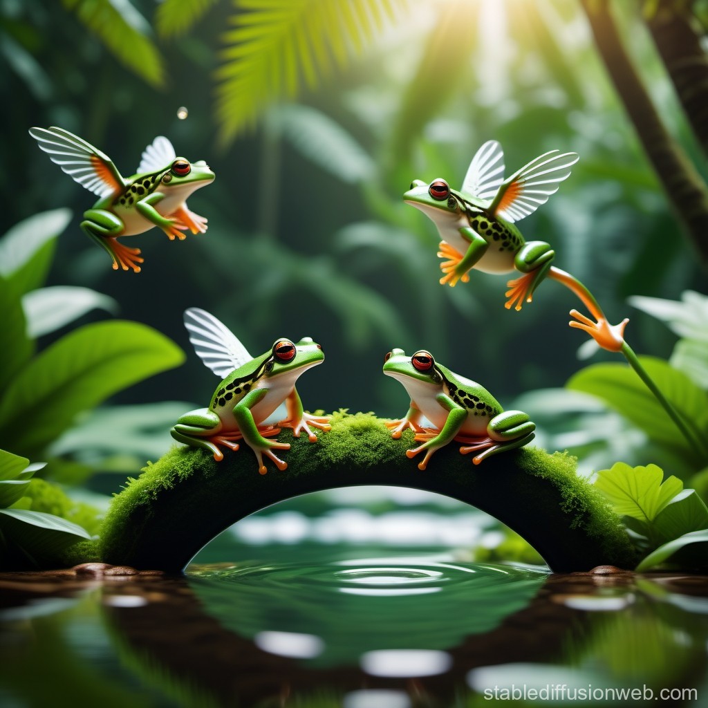 Whimsical Flying Frogs in a Lush Forest