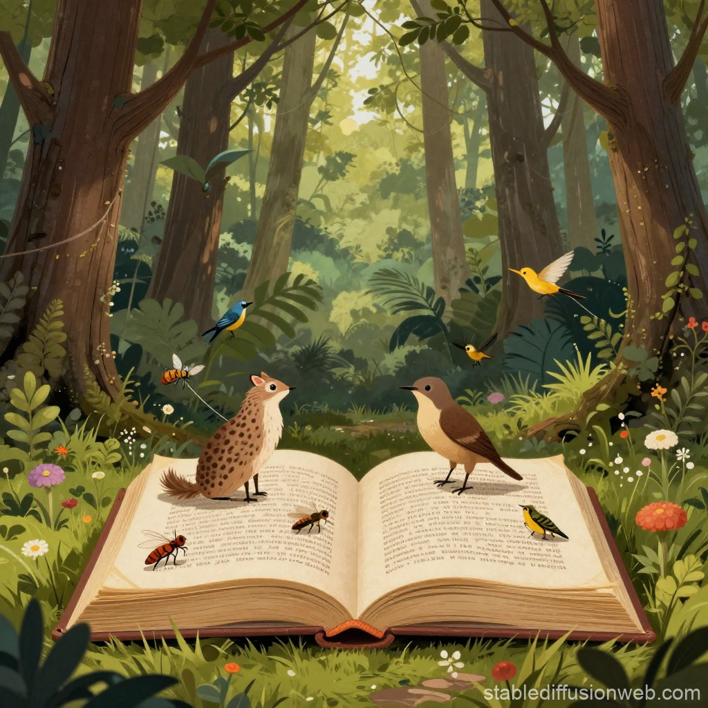 Whimsical Forest Scene with Animals on an Open Book