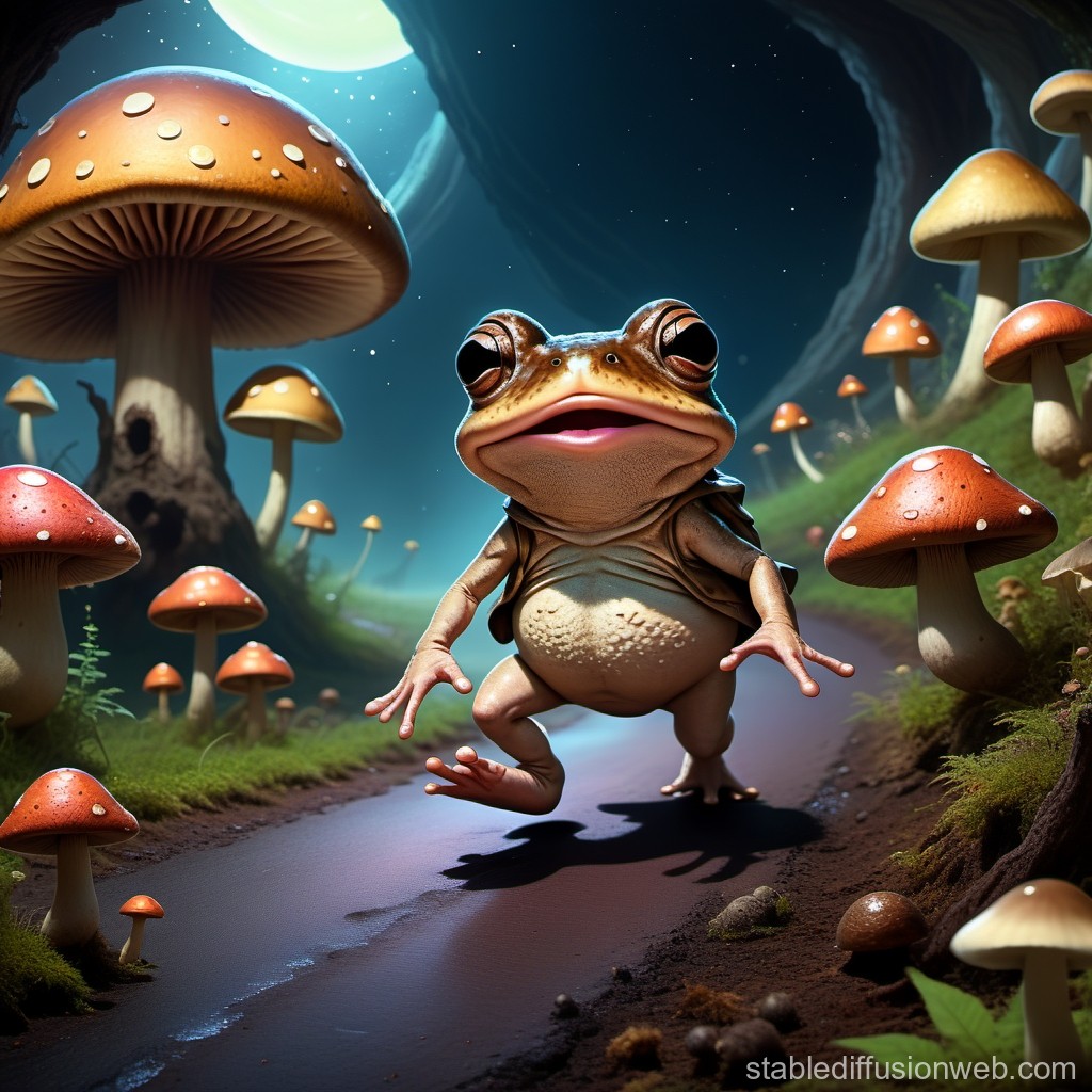 Whimsical Frog Among Giant Mushrooms at Night