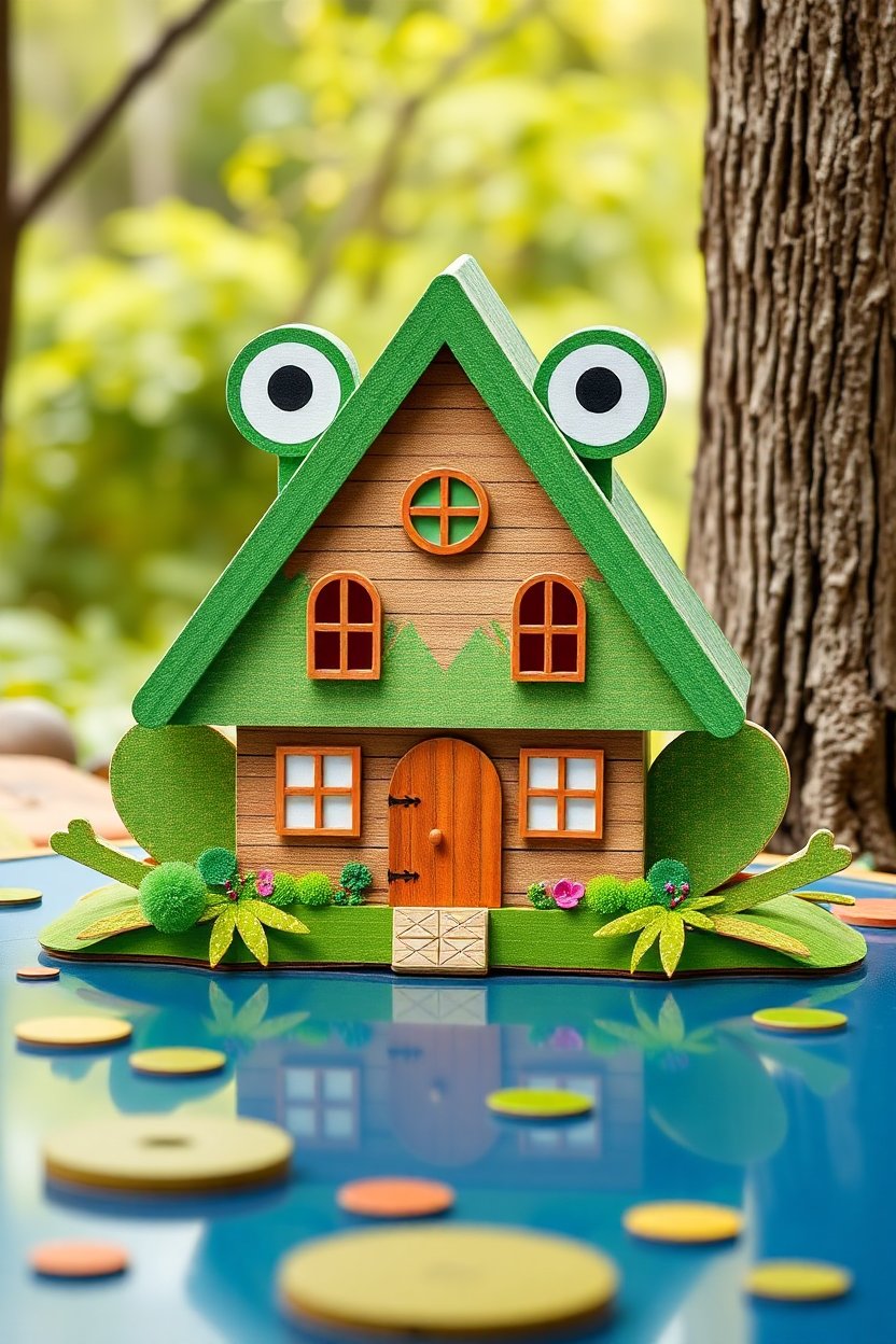 Whimsical Frog-Themed Wooden House Model