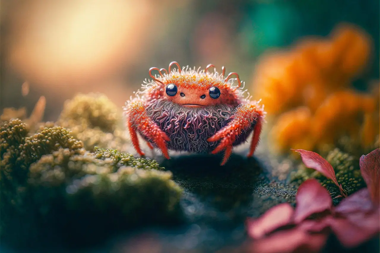 Whimsical Furry Crab in a Fantasy Forest