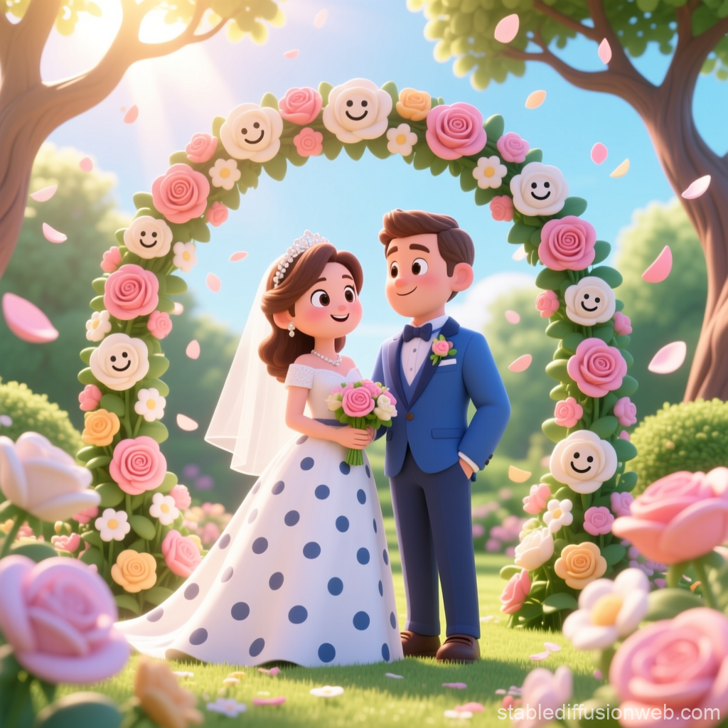 Whimsical Garden Wedding Ceremony with Cartoon Couple
