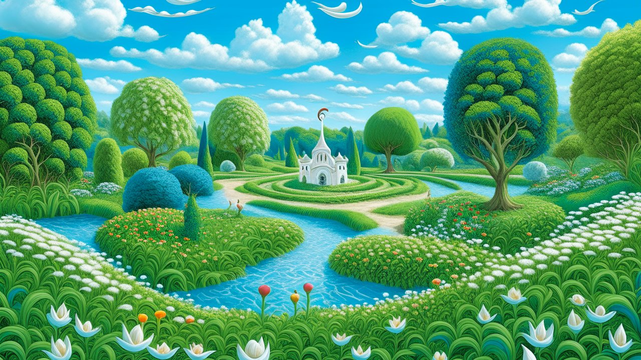 Whimsical Garden with Curved Waterways and a Small Castle