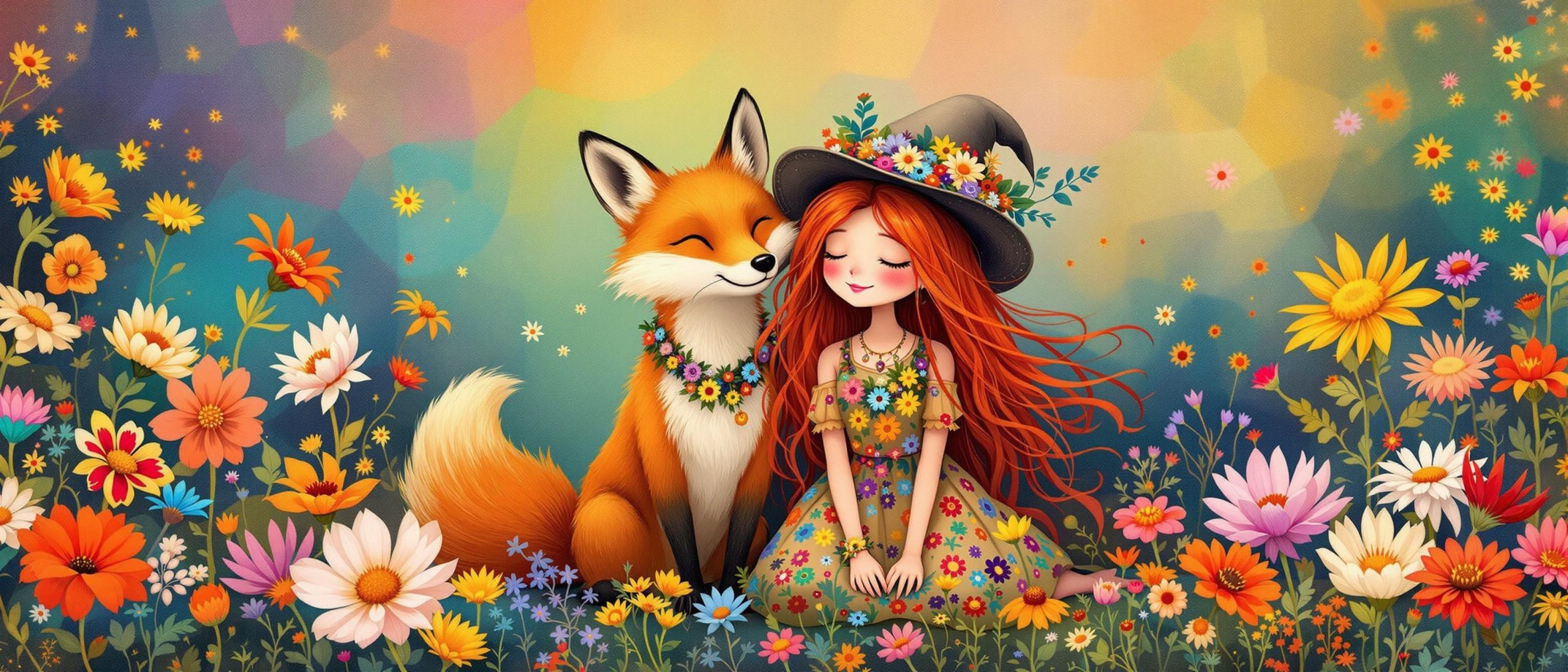 Whimsical Girl and Fox Surrounded by Colorful Flowers