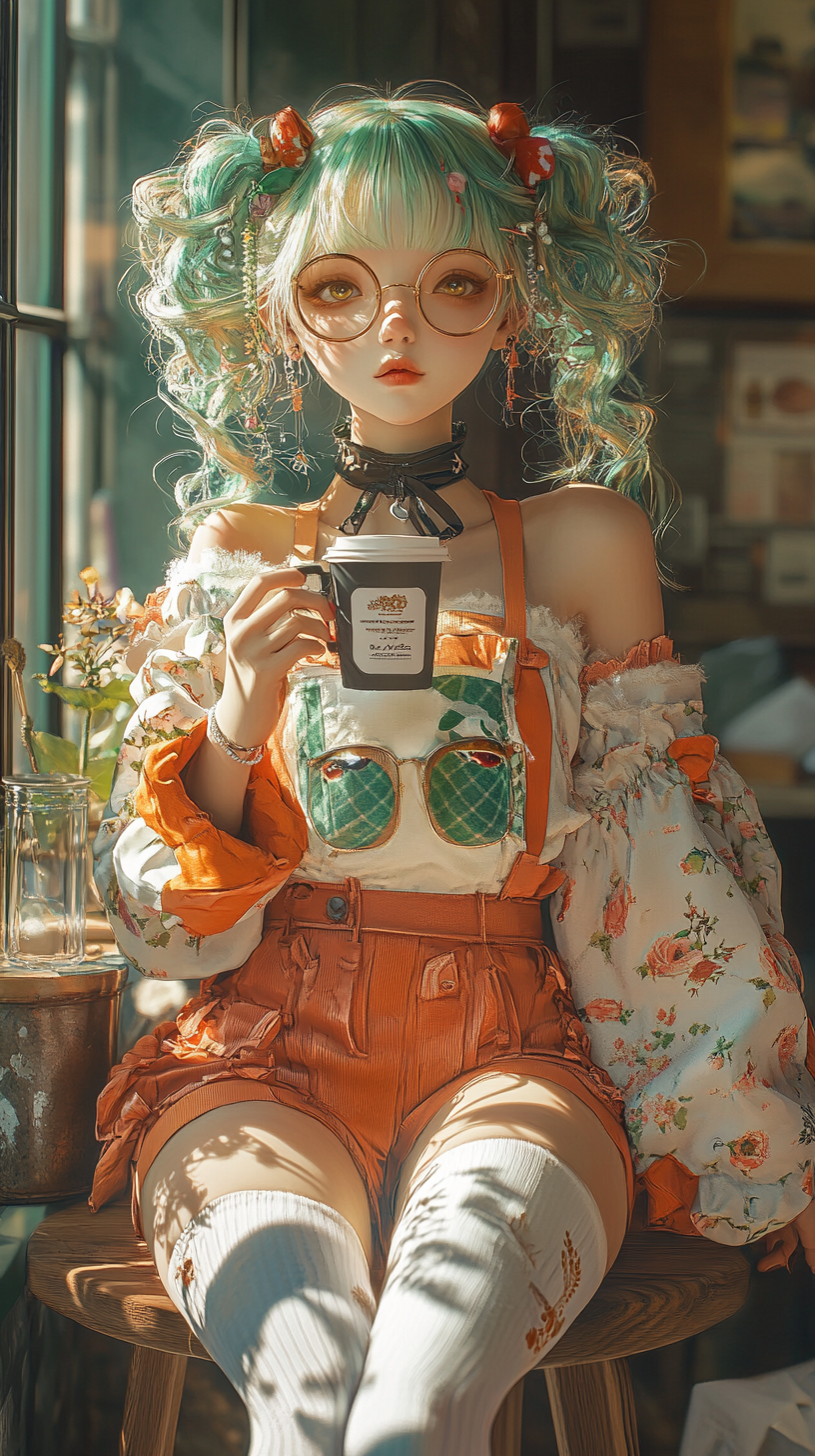 Whimsical Girl with Green Hair Enjoying Coffee