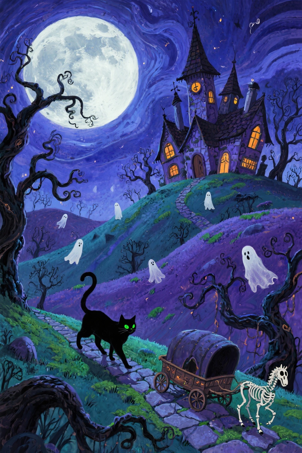 Whimsical Haunted Hill with Ghosts and Black Cat
