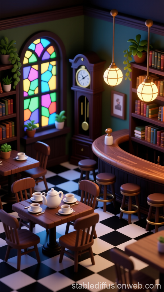 Whimsical Isometric Cafe Corner with Stained Glass Window