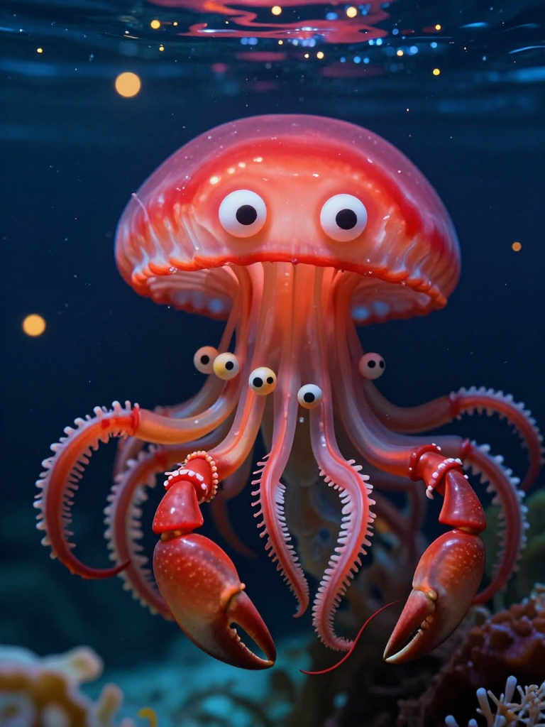 Whimsical Jellyfish with Crab Claws and Multiple Eyes