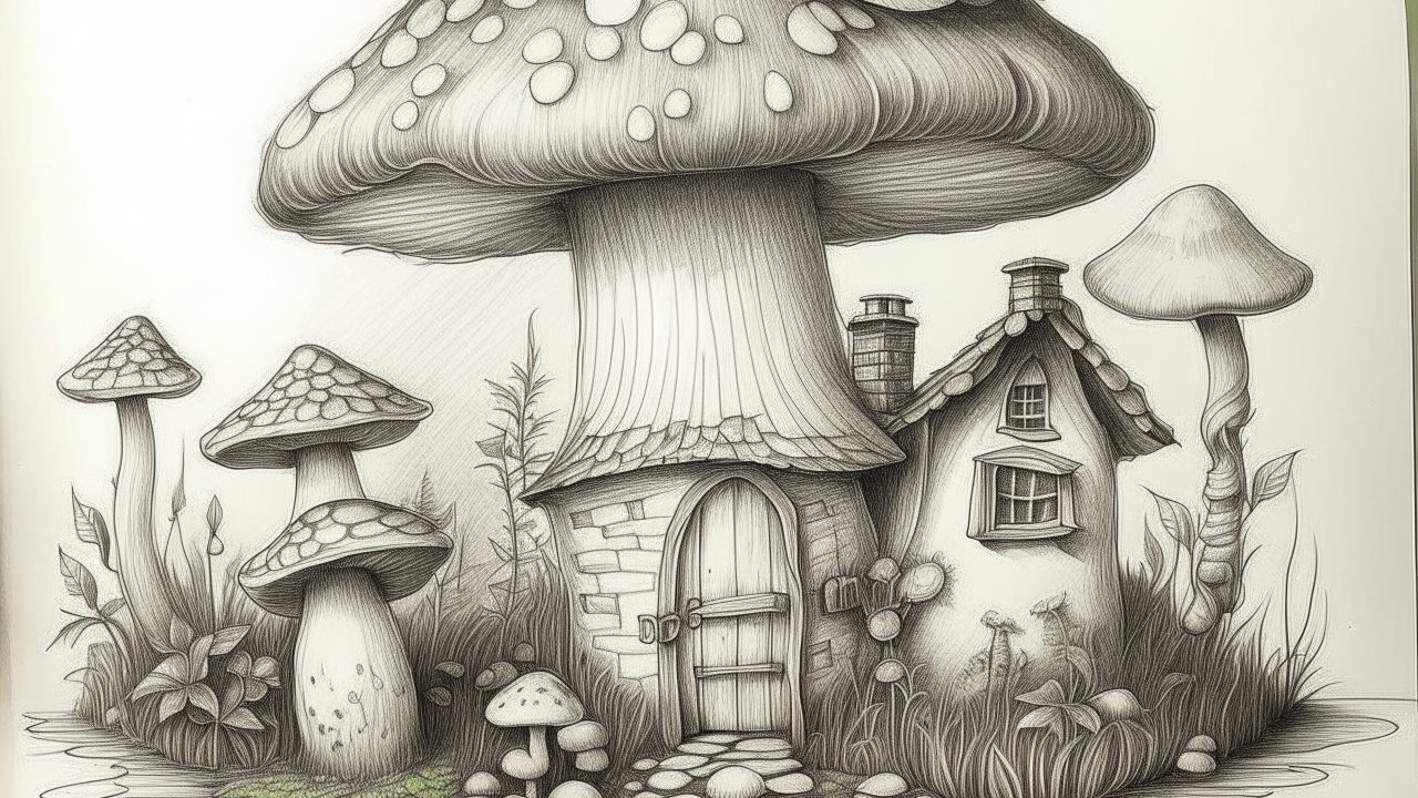 Whimsical Mushroom House Pencil Sketch