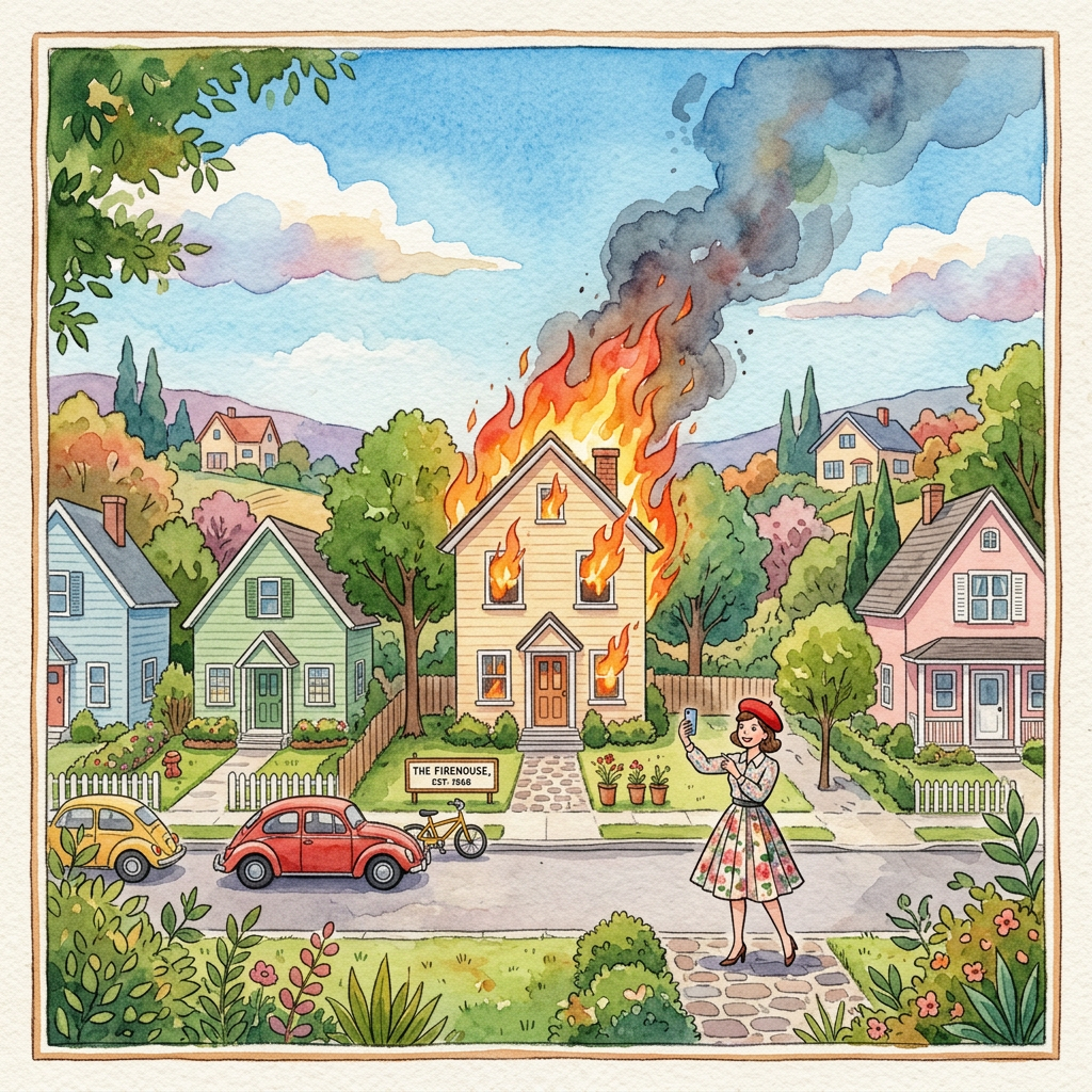 Whimsical Neighborhood Scene with House on Fire and Woman Taking Selfie