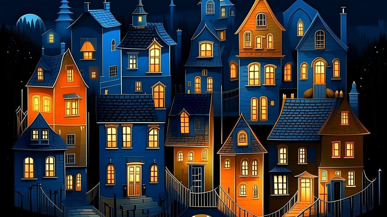 Whimsical Nighttime Village with Glowing Windows
