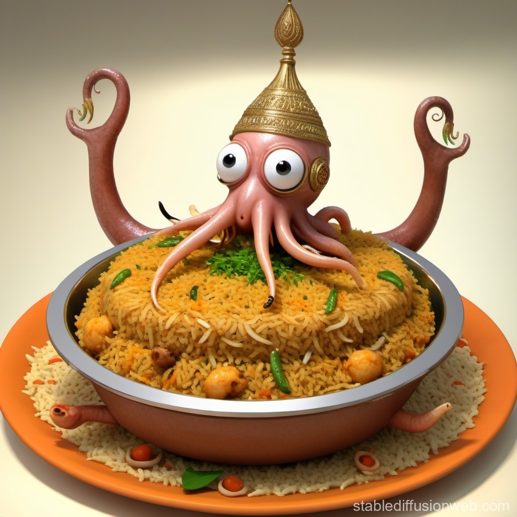Whimsical Octopus Chef on Spiced Rice Dish