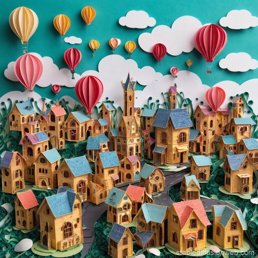 Whimsical Paper-Craft Village with Hot Air Balloons