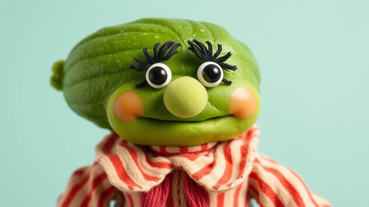 Whimsical Puppet with Green Face and Striped Outfit