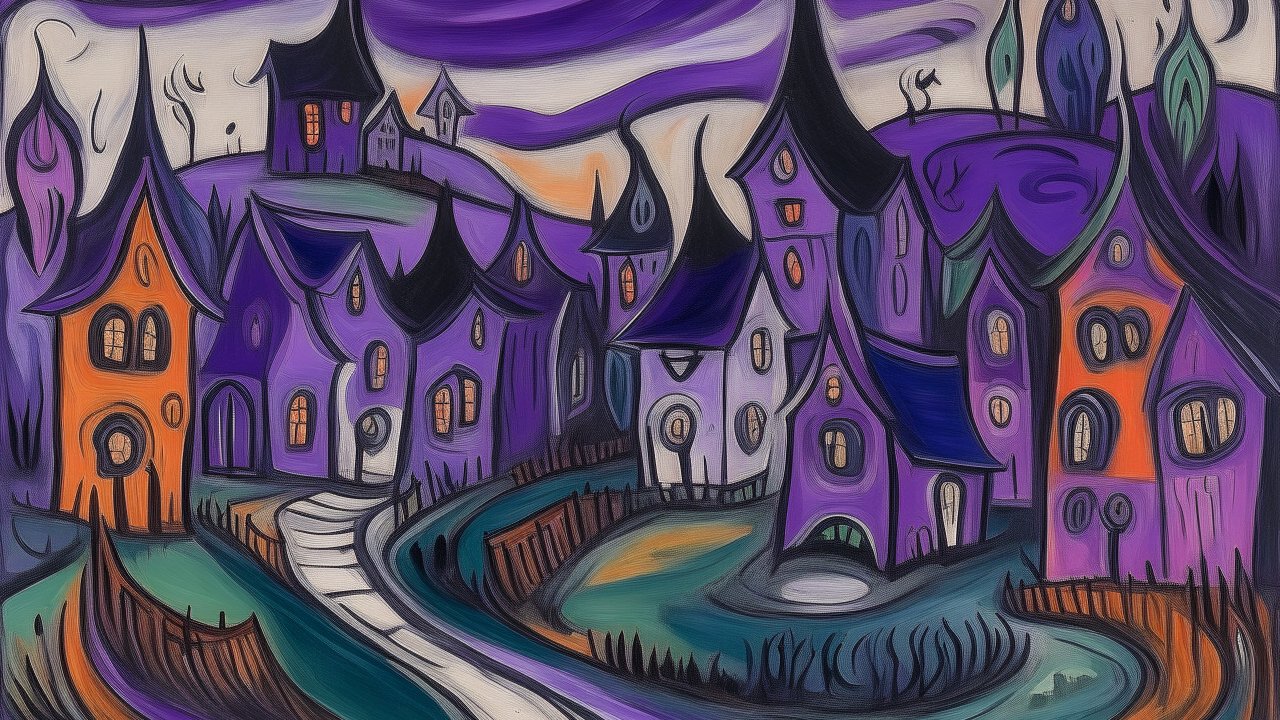 Whimsical Purple Spooky Village Illustration