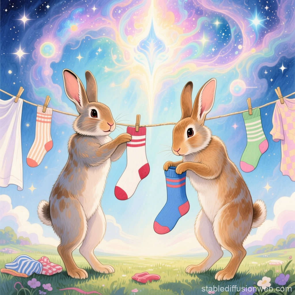 Whimsical Rabbits Hanging Colorful Socks Under a Magical Sky