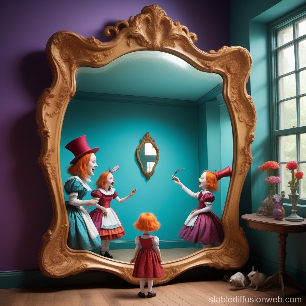 Whimsical Reflection of Red-Haired Girls in Ornate Mirror
