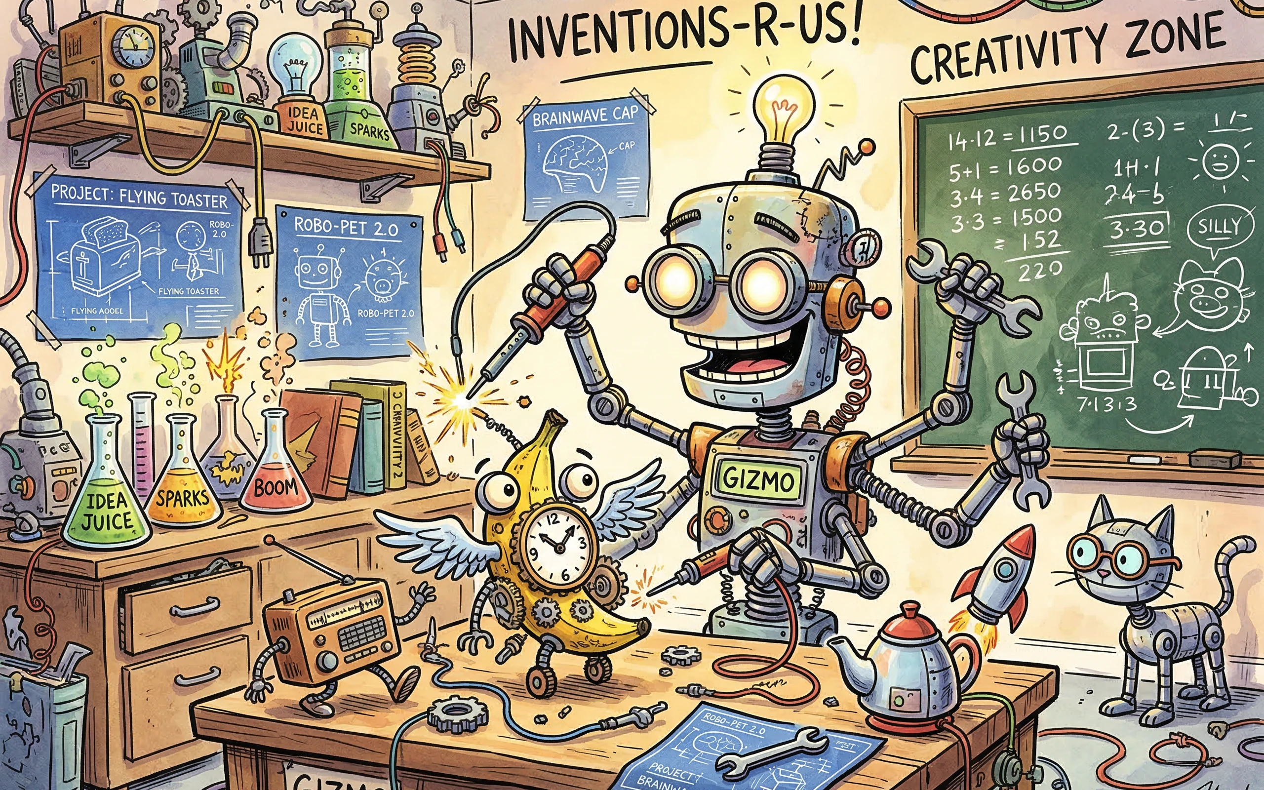 Whimsical Robot Inventor Workshop with Flying Toaster and Robo-Pet
