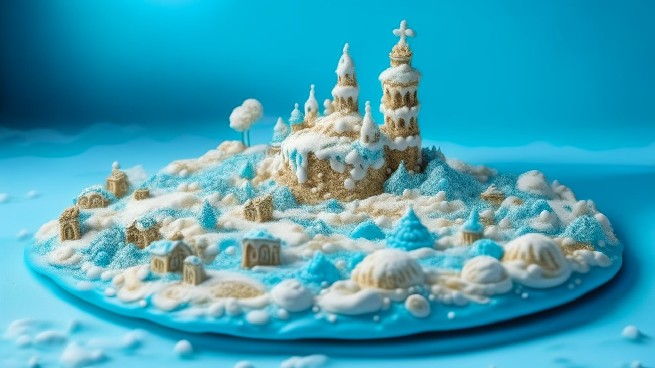 Whimsical Snowy Castle Model on Blue Background