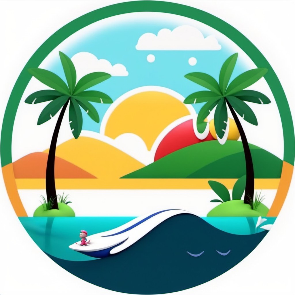 Whimsical Sunset Beach with Sleeping Whale and Surfer