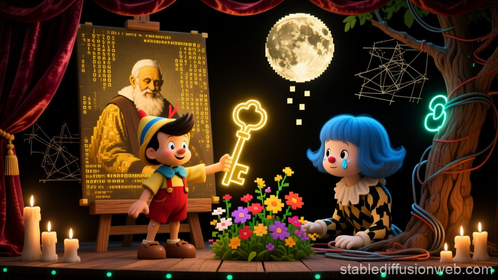 Whimsical Theater Scene with Pinocchio and Blue-Haired Clown