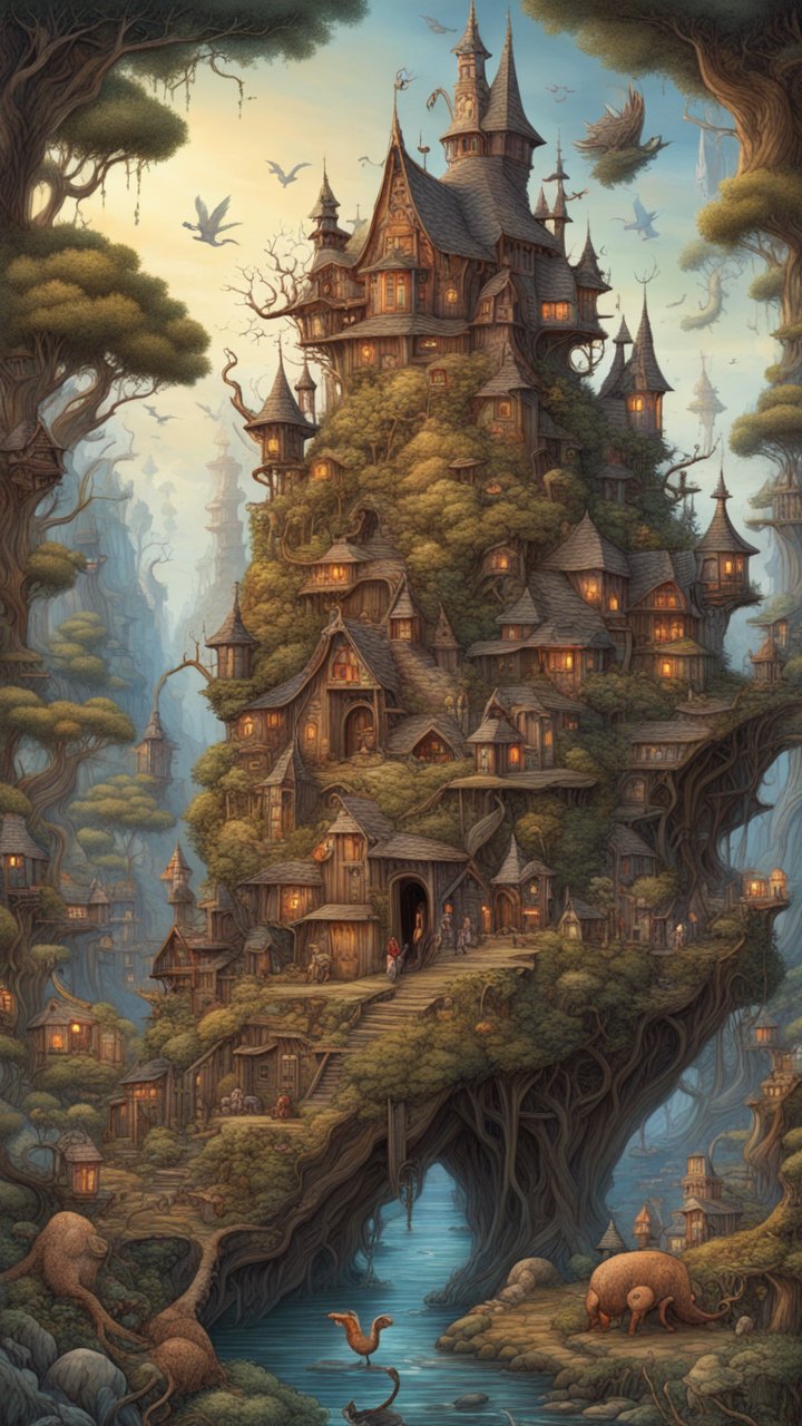 Whimsical Treehouse Village in a Fantasy Realm