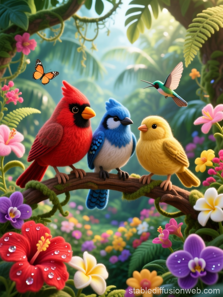 Whimsical Tropical Birds on a Branch