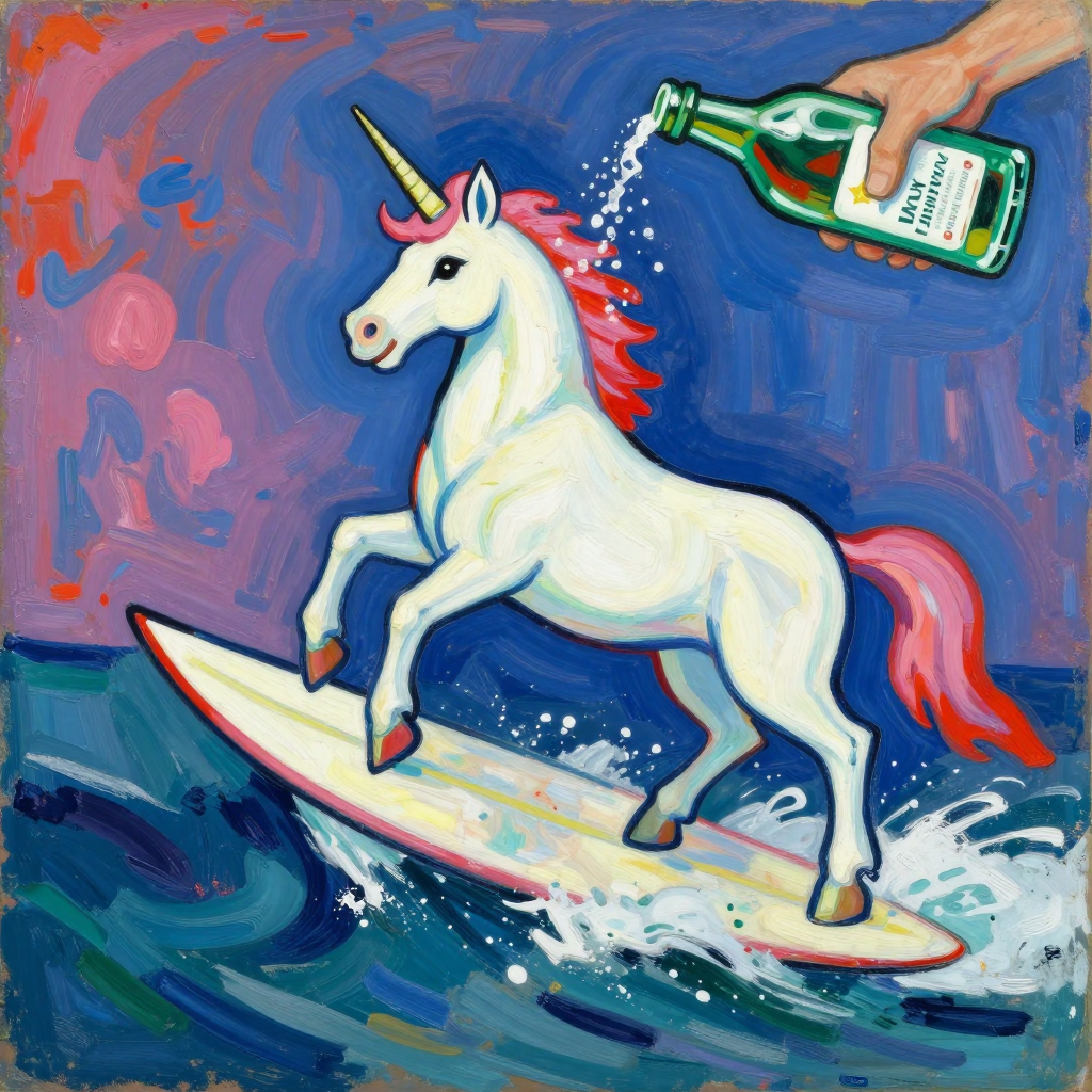 Whimsical Unicorn Surfing with Soda Splash