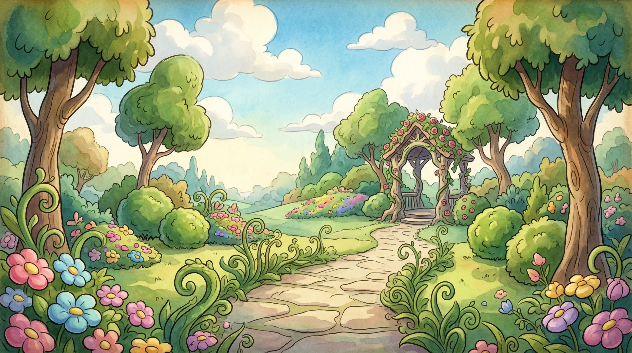 Whimsical Vintage Garden Path with Floral Archway