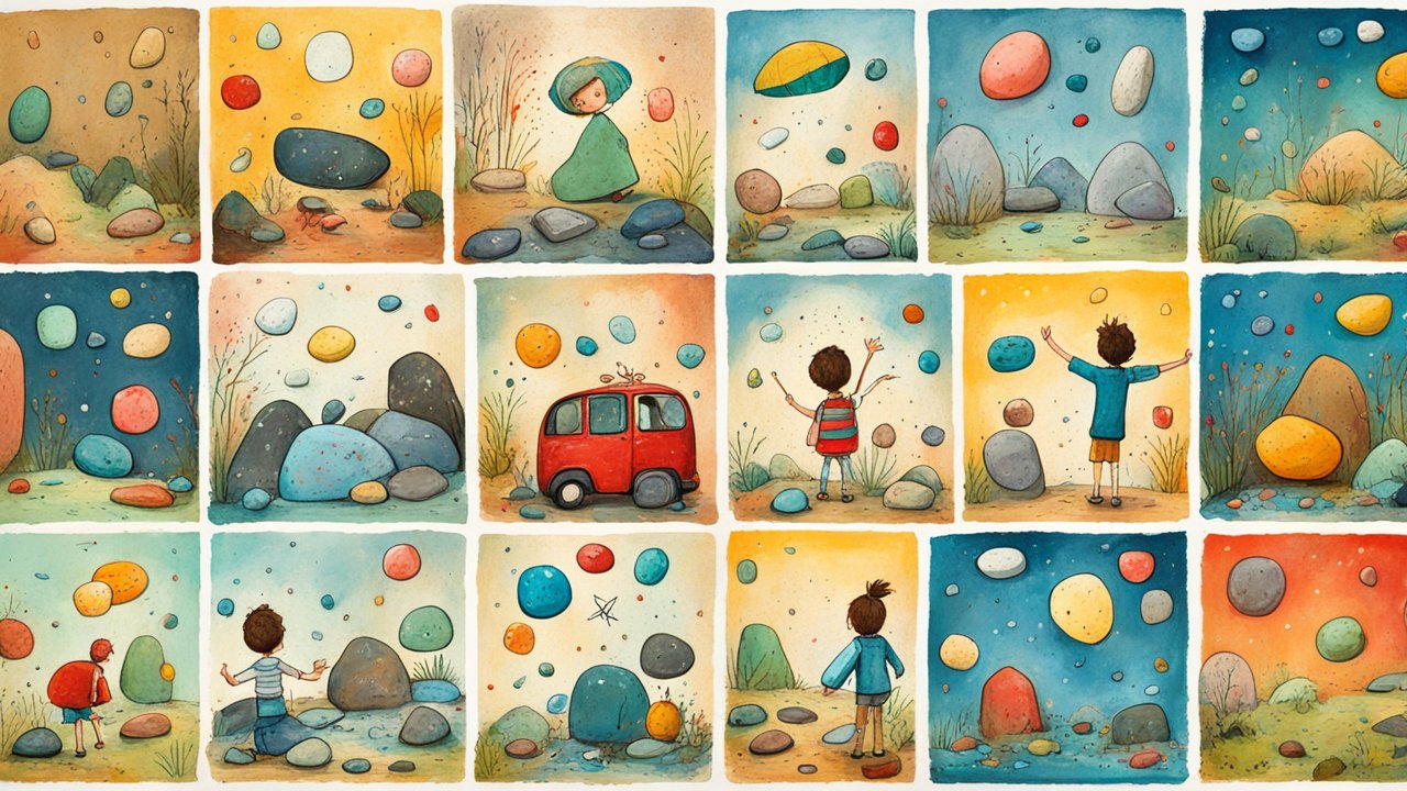 Whimsical Watercolor Panels of Children and Floating Stones