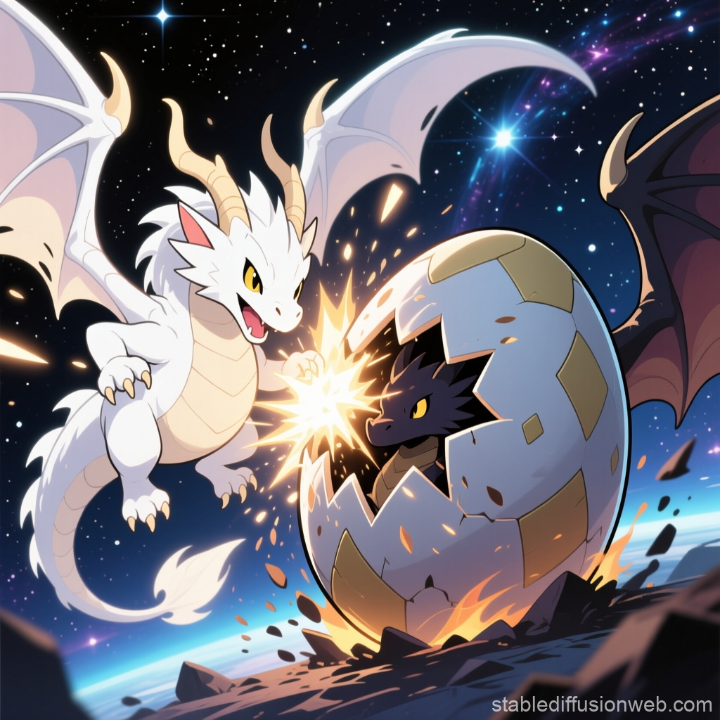 White and Black Baby Dragons in Space Hatching from Egg