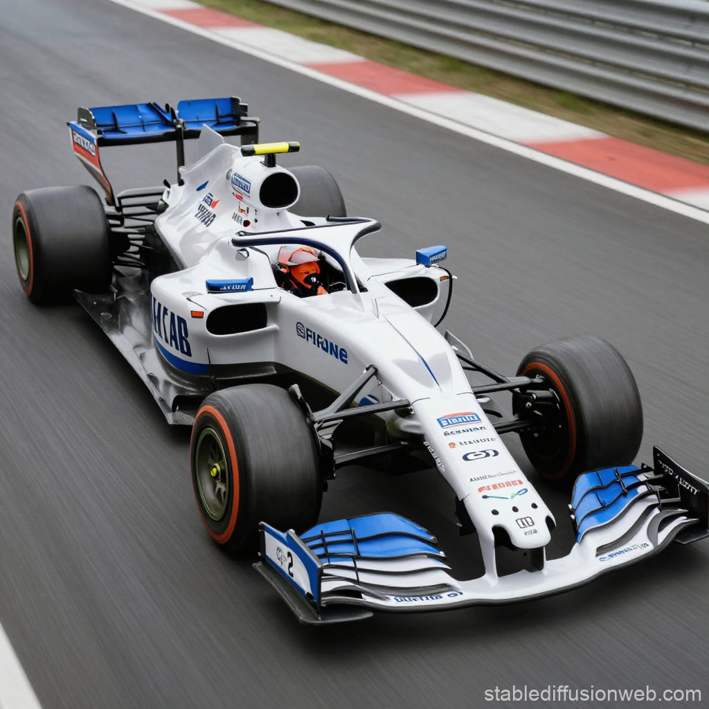 White and Blue Formula 1 Race Car on Track