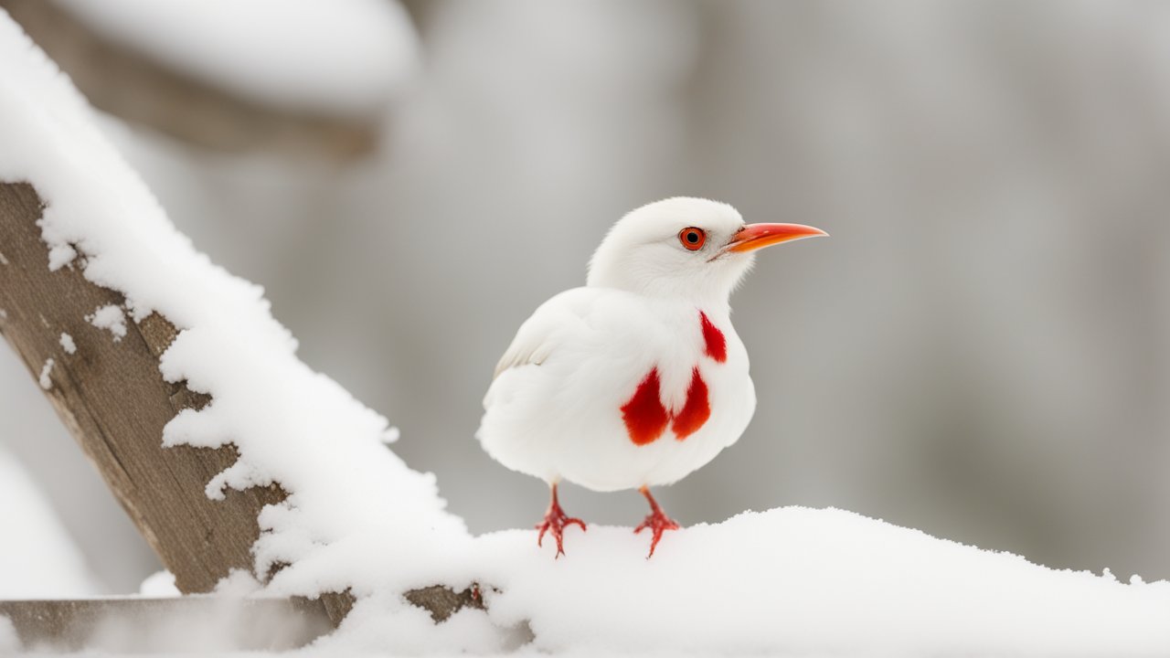 White Bird with Red Markings Perched on Snowy Branch