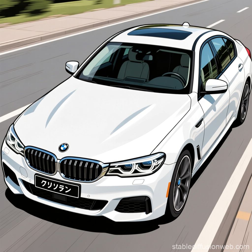 White BMW Gran Coupe Driving on Road in Illustration Style