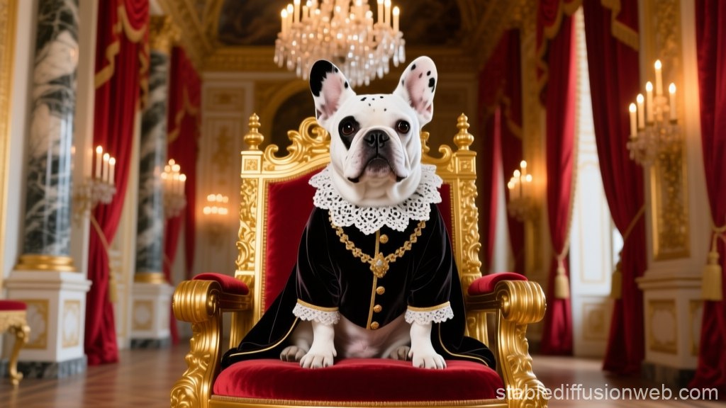White Bulldog Aristocrat Sitting on Ornate Throne