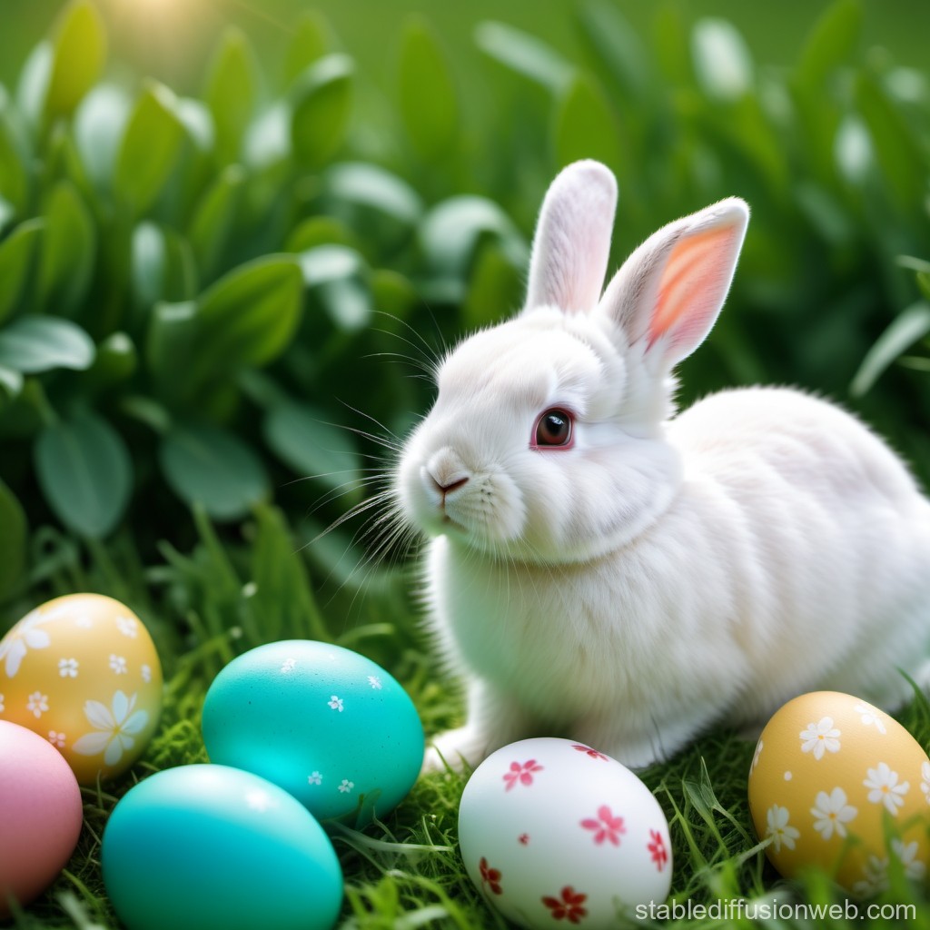 White Bunny with Colorful Easter Eggs in Green Grass
