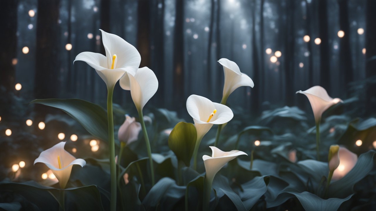 White Calla Lilies Glowing in a Mystical Forest