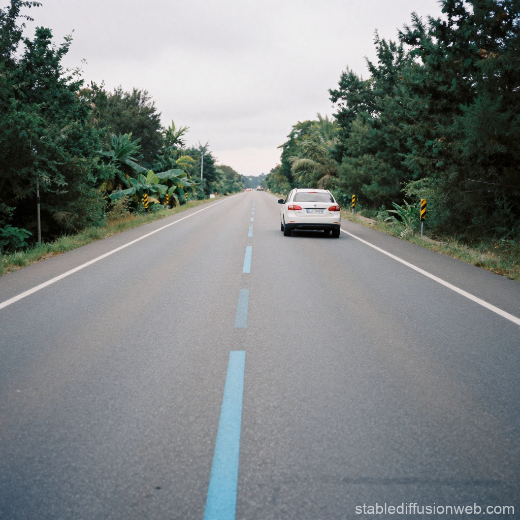 White Car Driving on a Quiet Road Surrounded by Greenery