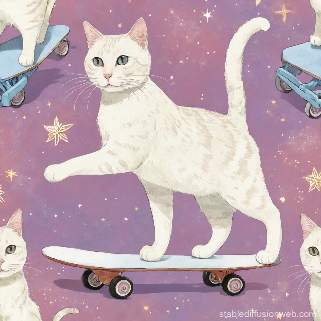 White Cat Riding Skateboard in Starry Purple Sky