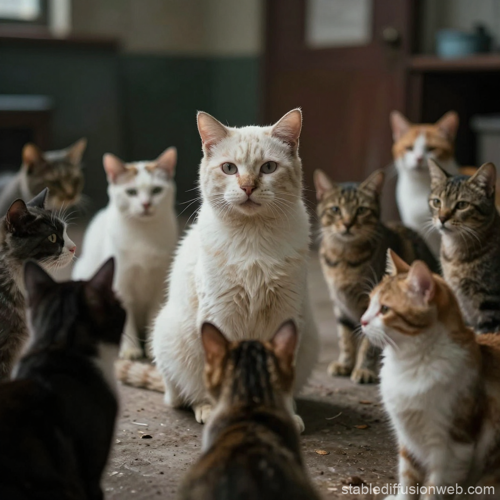 White Cat Surrounded by Group of Cats Indoors