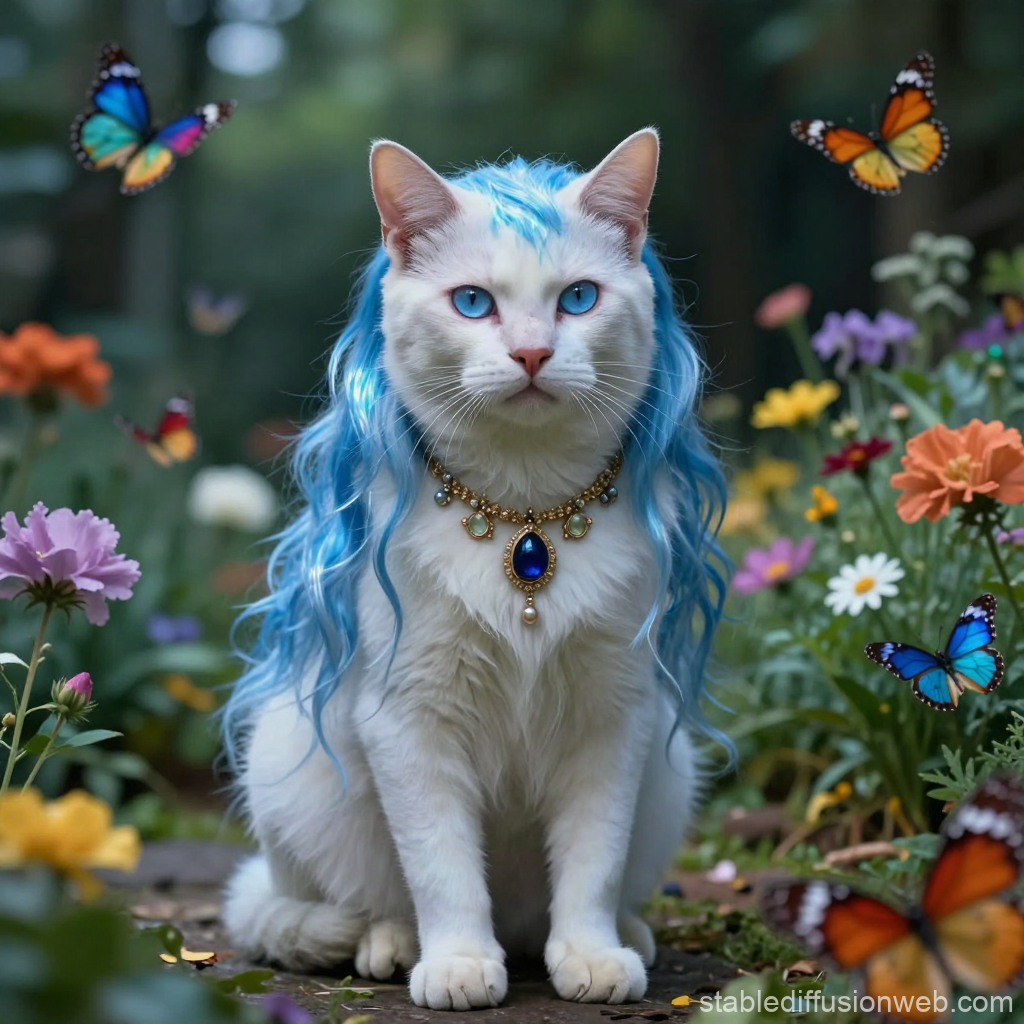 White Cat with Blue Hair and Jewel Necklace in Flower Garden