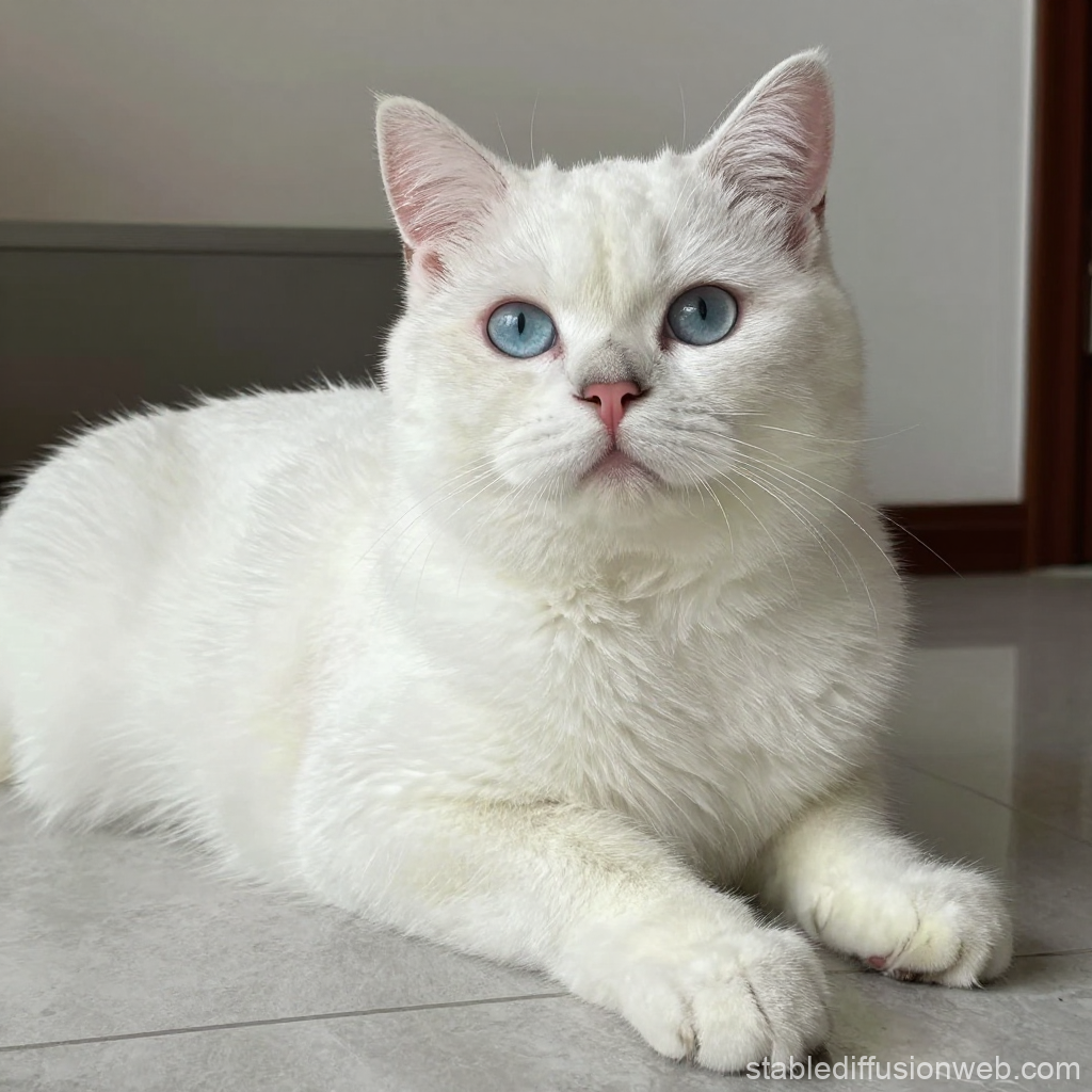 White Cat with Striking Blue Eyes Relaxing Indoors